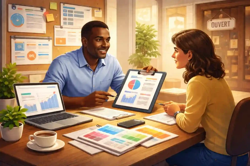 Consultant présentant un diagnostic de communication à une dirigeante de TPE, avec graphiques et supports analysés sur une table de travail.