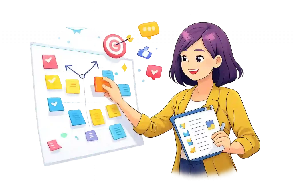 Personnage souriant organisant des actions de communication sur un tableau, avec des pictogrammes représentant les messages, les objectifs et les canaux autour de lui