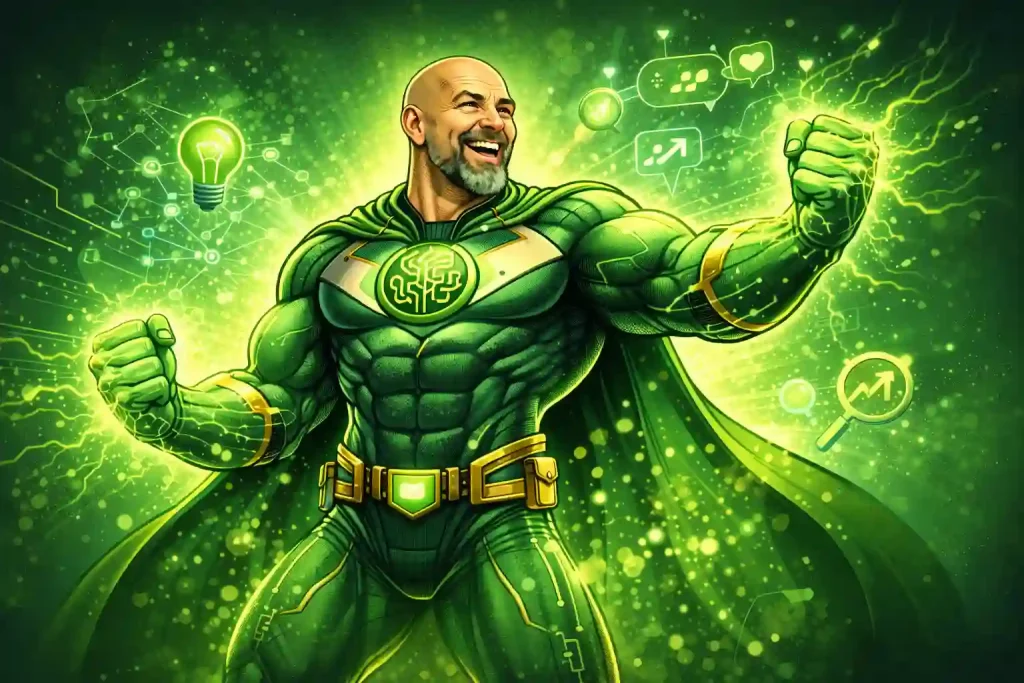 Illustration d’un super-héros de la stratégie de communication maîtrisant l’intelligence artificielle pour aider les entreprises à gagner en autonomie et en performance.