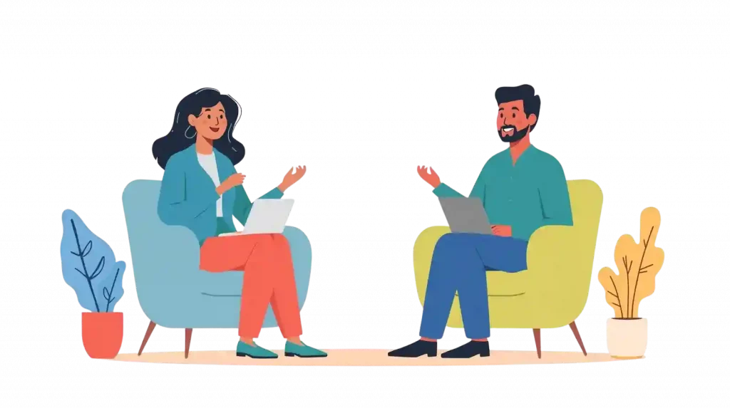 Illustration colorée représentant un échange simple et détendu entre deux personnes dans un contexte professionnel, symbolisant un premier contact clair et humain.