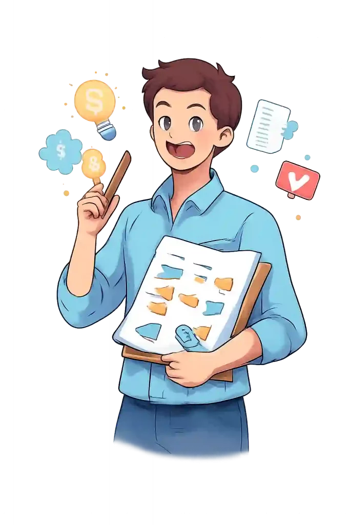 Illustration d’un personnage masculin structurant sa communication à l’aide d’éléments visuels organisés