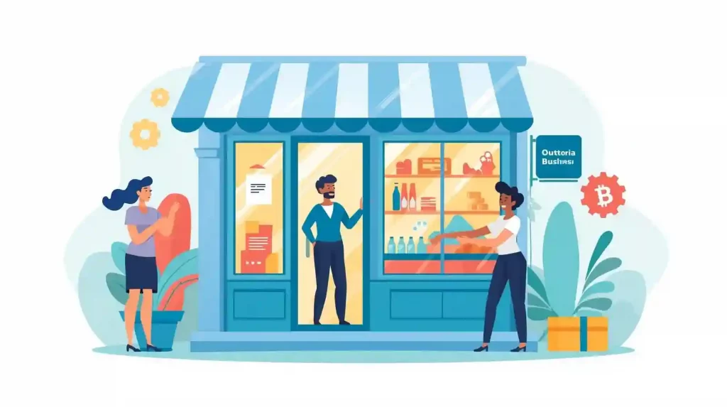 Illustration de commerçants devent une boutique qui illustre que Agence Piton a pour objectif d'amener plus de monde devant la porte des TPE