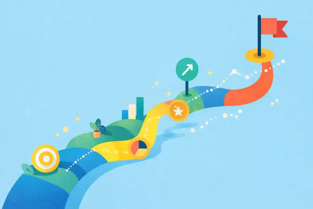 Illustration vectorielle colorée représentant un chemin fin et sinueux, suggérant un parcours progressif et fluide dans un environnement abstrait et lumineux.