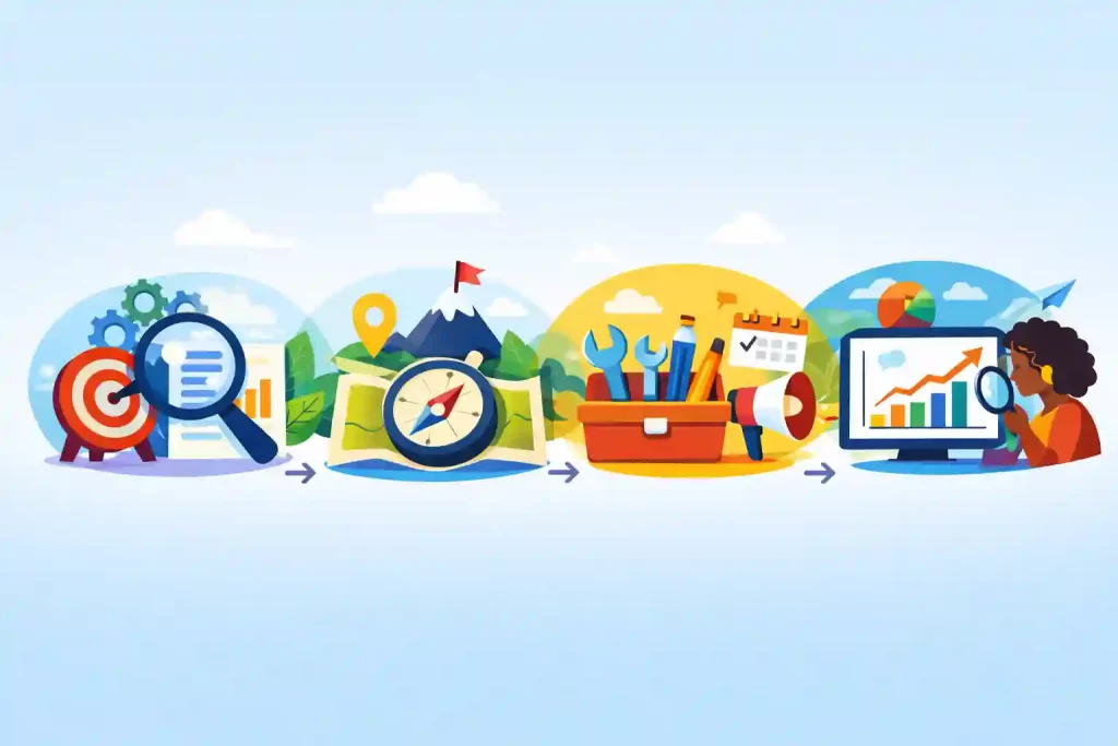 Illustration colorée représentant une méthode en quatre étapes pour structurer la communication d’une petite entreprise, sur un fond uni