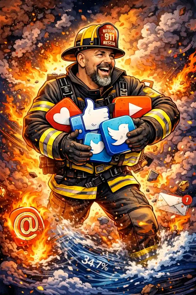 Illustration style bande dessinée d’un pompier sauvant les réseaux sociaux des flammes, symbolisant la gestion et la protection de la communication digitale par l’Agence Piton.