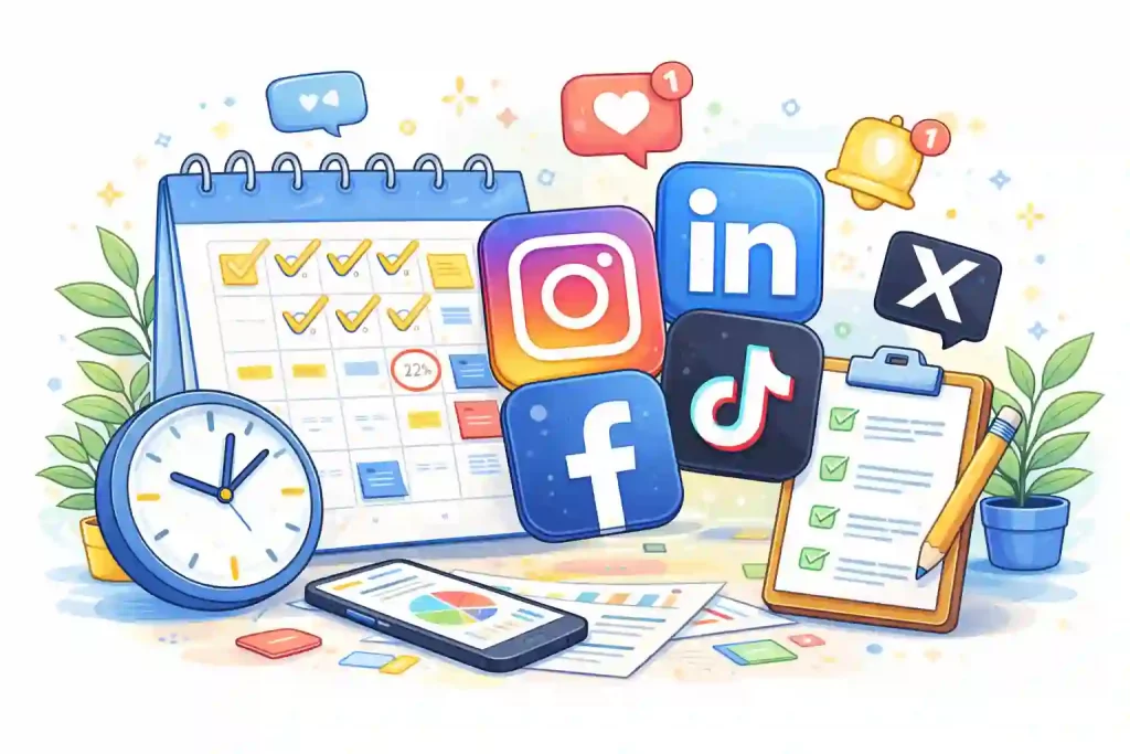 Illustration colorée représentant la gestion mensuelle de la communication avec les logos des principaux réseaux sociaux organisés autour d’outils de planification