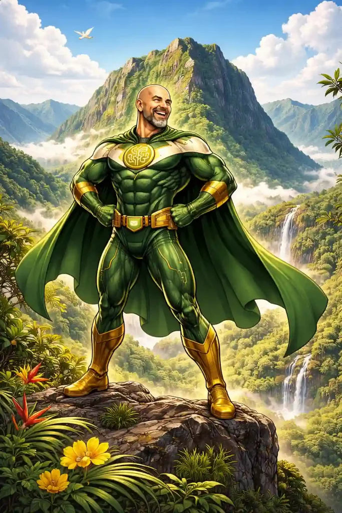 Super-héros de la communication debout devant le Piton d’Anchaing à La Réunion, symbole de puissance, de vision stratégique et d’accompagnement des entreprises.