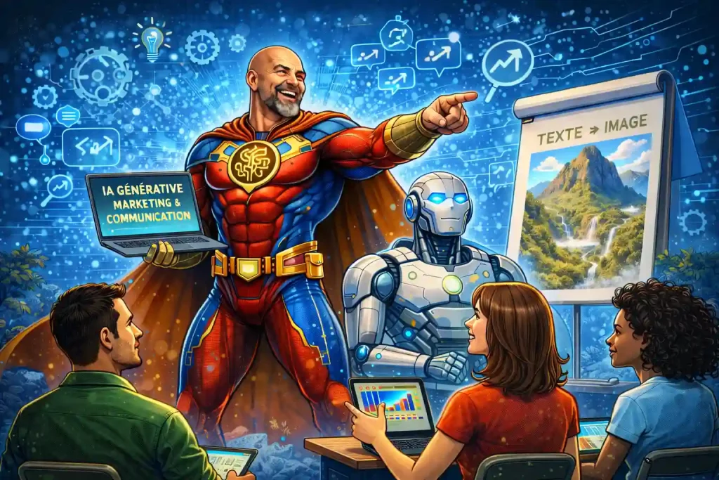 Super-héros de la formation en intelligence artificielle accompagnant des professionnels dans la maîtrise de la communication et du marketing digital.