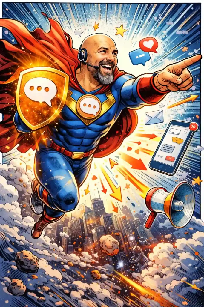 Illustration style bande dessinée d’un super-héros de la communication diffusant des messages clairs et engageants à travers les réseaux sociaux et les outils digitaux.