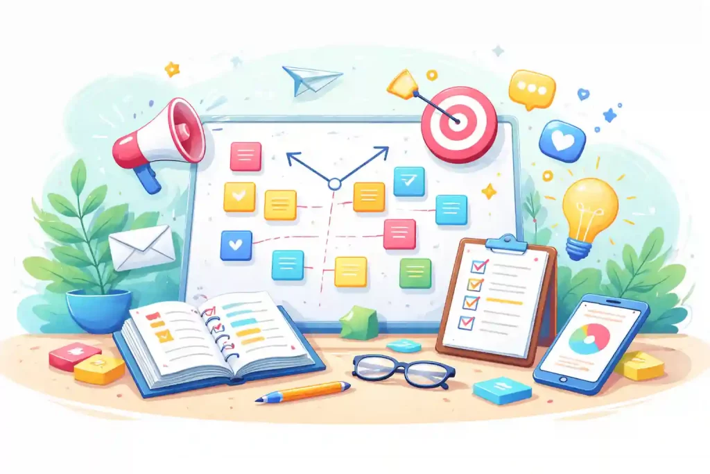 Illustration d’un plan de communication structuré avec tableau, notes, checklist et symboles de diffusion